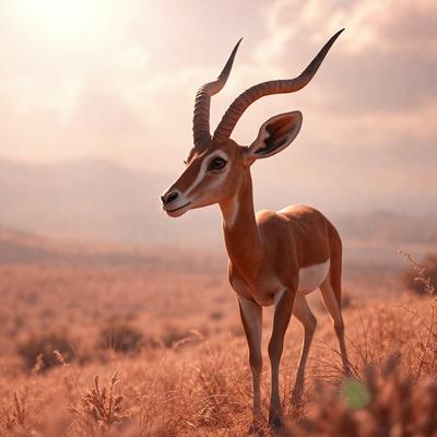 The primary subject of the image is a gazelle, a type of antelope, standing in a field with its head turned. The setting is a dry grass field, and the visual style is a combination of photo and digital art. The colors in the image are predominantly brown and orange, creating a warm and natural atmosphere.
